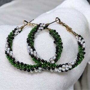 Elegant Beaded Hoop Earrings - Green, Black, and White